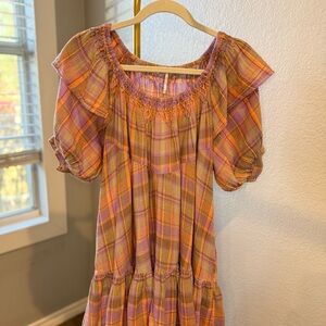 Free People Plaid Ruffle Dress - Pink & Orange